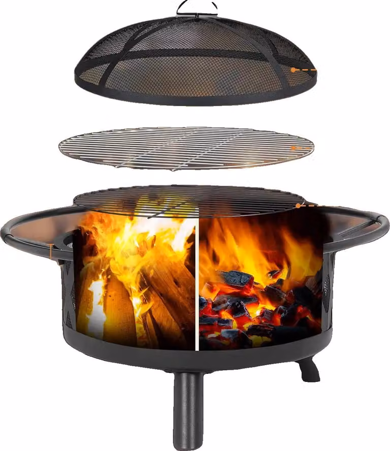 Focolare, Ø 81 cm, materiale in ferro, griglia Ø 58 cm, attizzatoio 49 cm, protezione antiscintilla di sicurezza, diametro 76 cm
