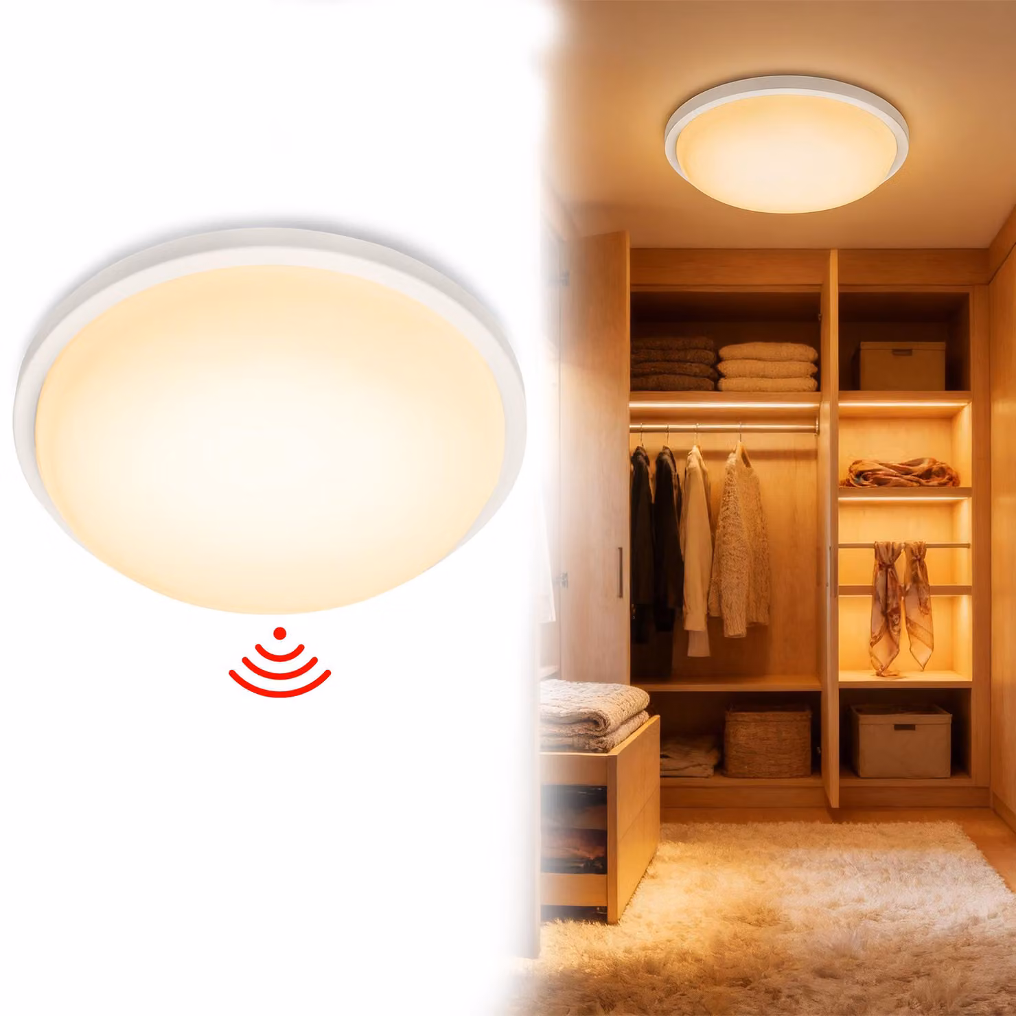 Lampada da soffitto LED VA-Cerulean da 15W con sensore di movimento a radar, forma circolare, diametro φ22 cm, grado di protezione IP44 (resistente all'acqua), lampada da soffitto con sensore, luce bianco caldo