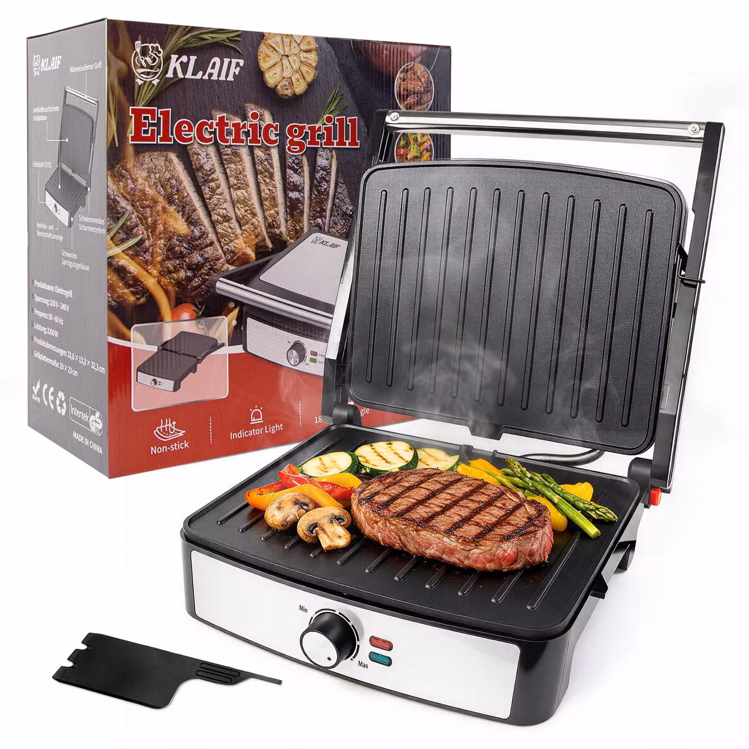 Griglia di contatto – Ideale per bistecche e panini – 2200 W – Si apre fino a 180° – Rivestimento antiaderente in PTFE – Facile da pulire – Spina europea, 220–240 V