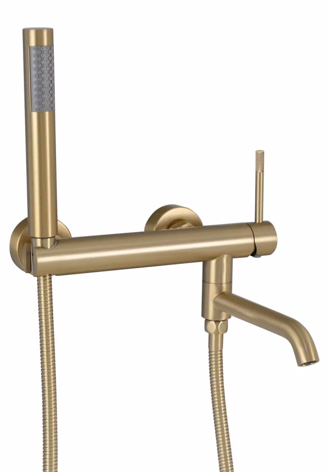 Doccia con soffione manuale, orientabile a 90°, finitura dorata spazzolata, montaggio a parete