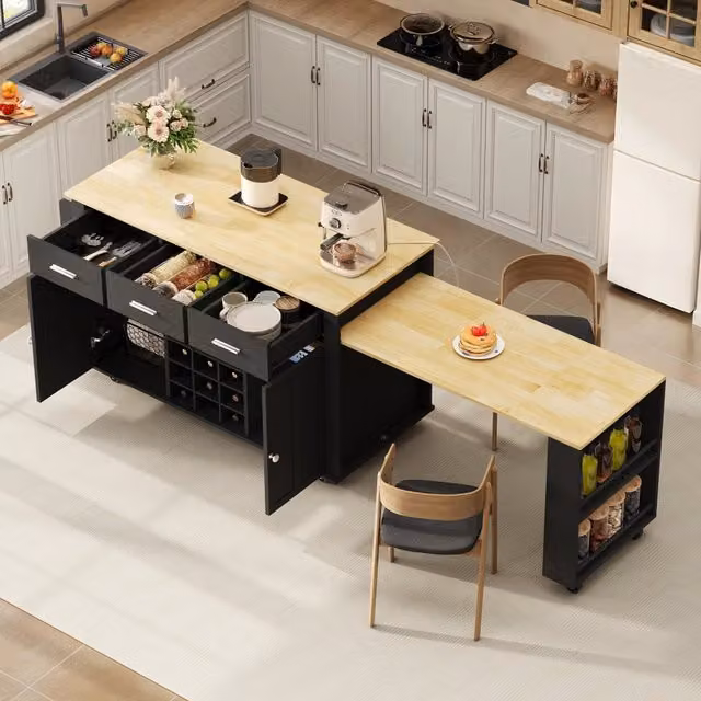 Isola cucina con tavolo estraibile 136(223)x50x93 cm; carrello cucina con cassetti; prese USB e ruote; MDF; nero e rovere