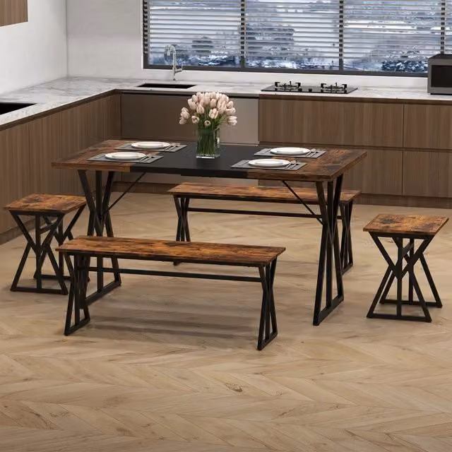 Set da Pranzo 5 Pezzi Tavolo Rettangolare con 2 Panche e 2 Sgabelli Marrone per Cucina e Sala da Pranzo Salvaspazio per 4-6 Persone