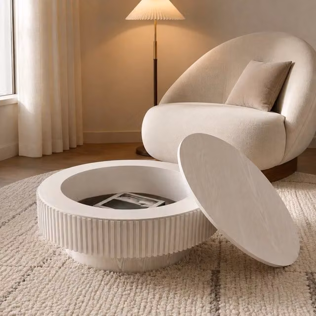 Tavolino basso Mivray con vano contenitore nascosto e superficie scanalata in legno e MDF bianco stile retrò L 82.0 cm, P 25.0 cm, H 82.0 cm
