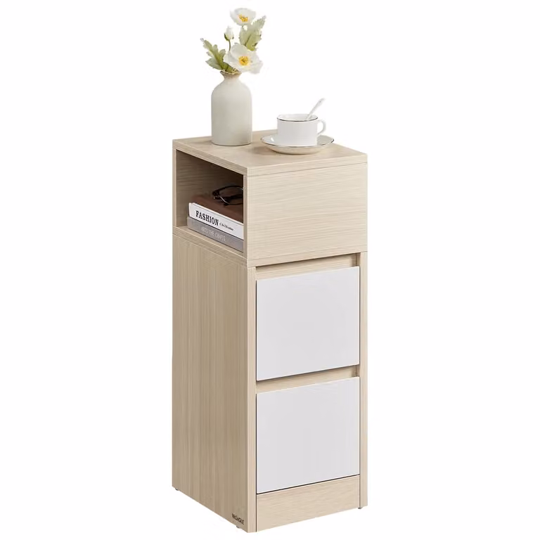 Comodino Stretto con 2 Cassetti e Scomparto Aperto, Beige Naturale + Bianco Nuvola / 1
