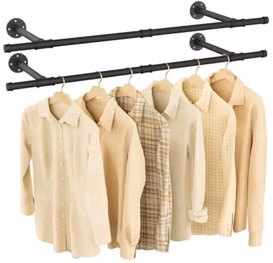 Supporto a parete industriale, 112 cm, a forma di tubo, set da 2, colore nero, acciaio