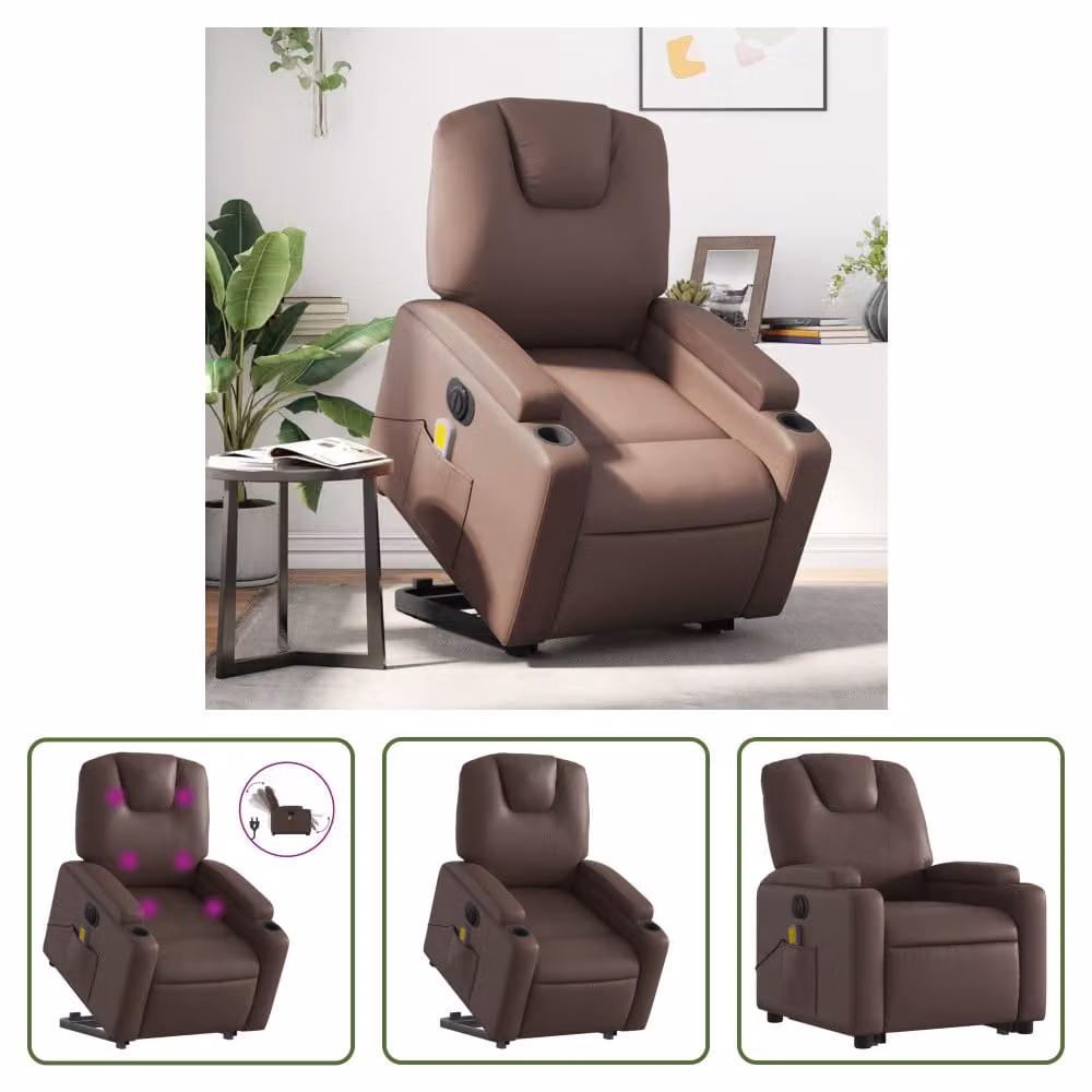 The Living Store Sedia massaggiante con supporto in piedi elettrica in ecopelle marrone