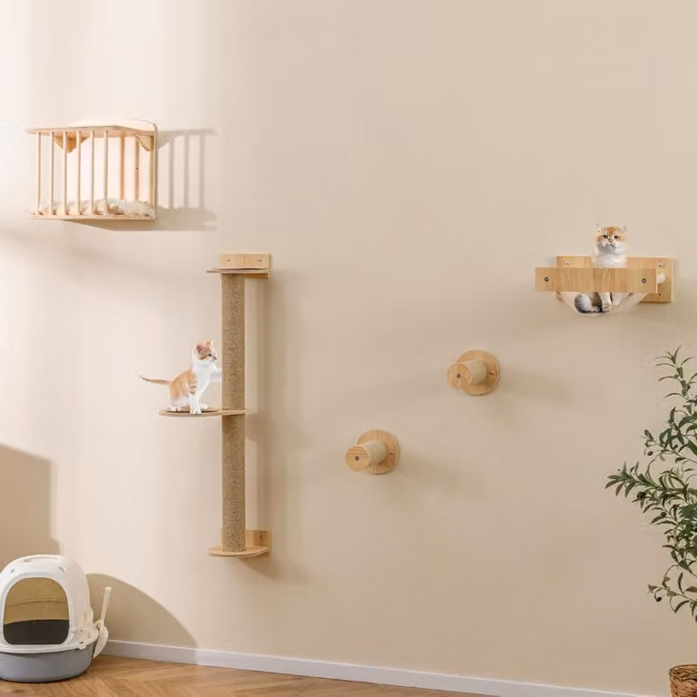 Costway Mensole da parete per gatti 4 in 1 con amaca e cuccia in legno naturale beige e marrone