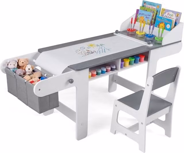 Set tavolo e sedia per bambini con rotolo di carta vaschette per colori e contenitori in tessuto, Tavolo da disegno creativo per cameretta e scuola