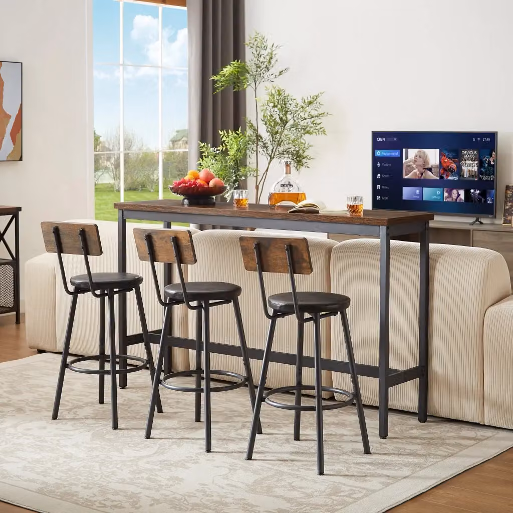 Set Tavolo Bar Lungo Minimal con 3 Sgabelli Imbottiti in PU Marrone Rustico e Nero – 2