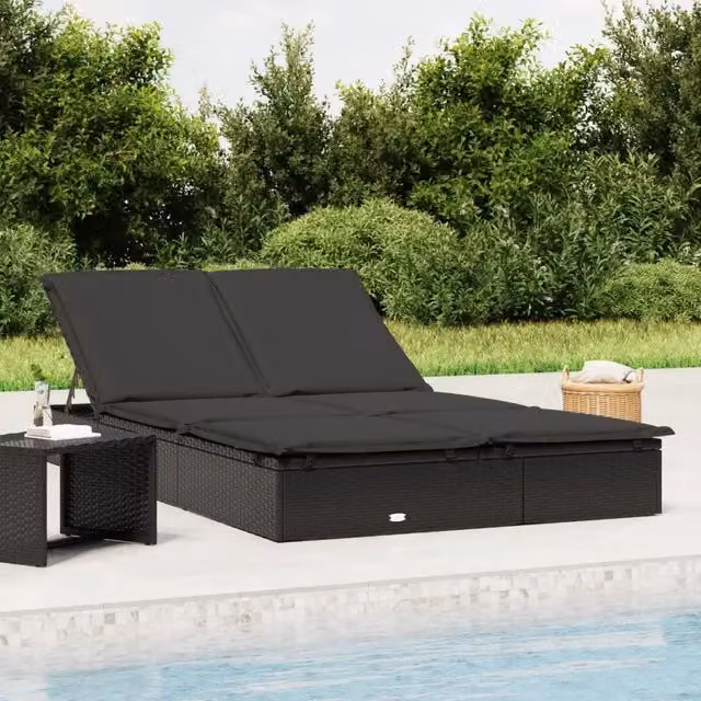 Lettino Prendisole 2 Persone con Cuscini Nero in Polyrattan 319647