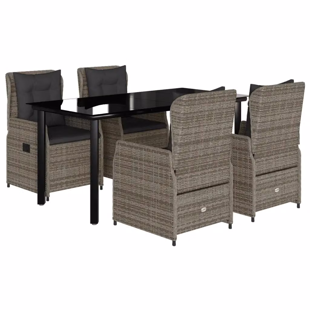 Set da Pranzo da Giardino vidaXL in Polyrattan Grigio e Nero con Cuscini e Tavolo in Vetro, 5 Pezzi – 2
