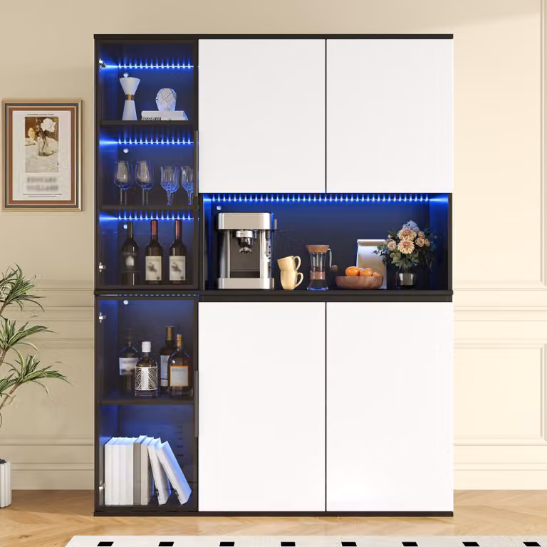 Armadi da cucina Flieks con elementi in vetro, luci LED integrate, credenza da cucina con ampio spazio di stoccaggio, mobile contenitore 120x40x160 cm, nero e bianco