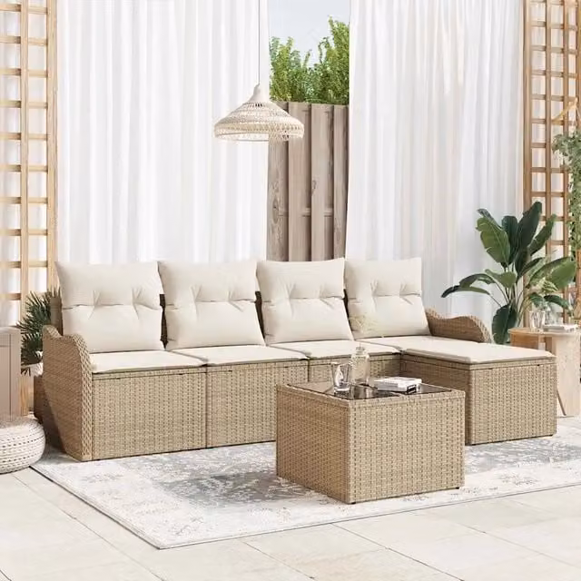 Set da giardino moderno vidaXL composto da 6 pezzi in rattan beige con cuscini inclusi e struttura in acciaio verniciato a polvere