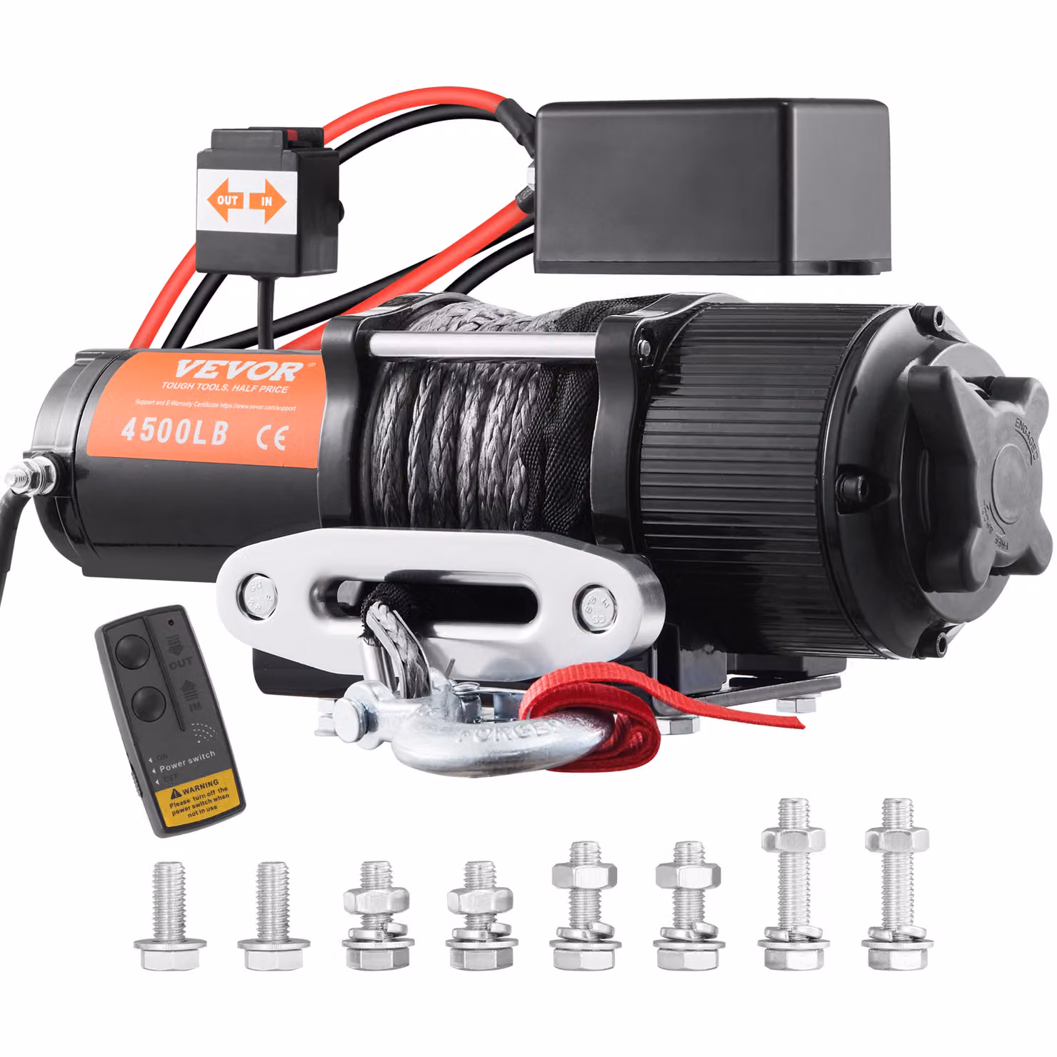 VEVOR Verricello elettrico a cavo 12V 4500lbs/2041kg Verricello a motore offroad Verricello a cavo Verricello elettrico a cavo di nylon con telecomando senza fili Nero Ideale per gli ATV