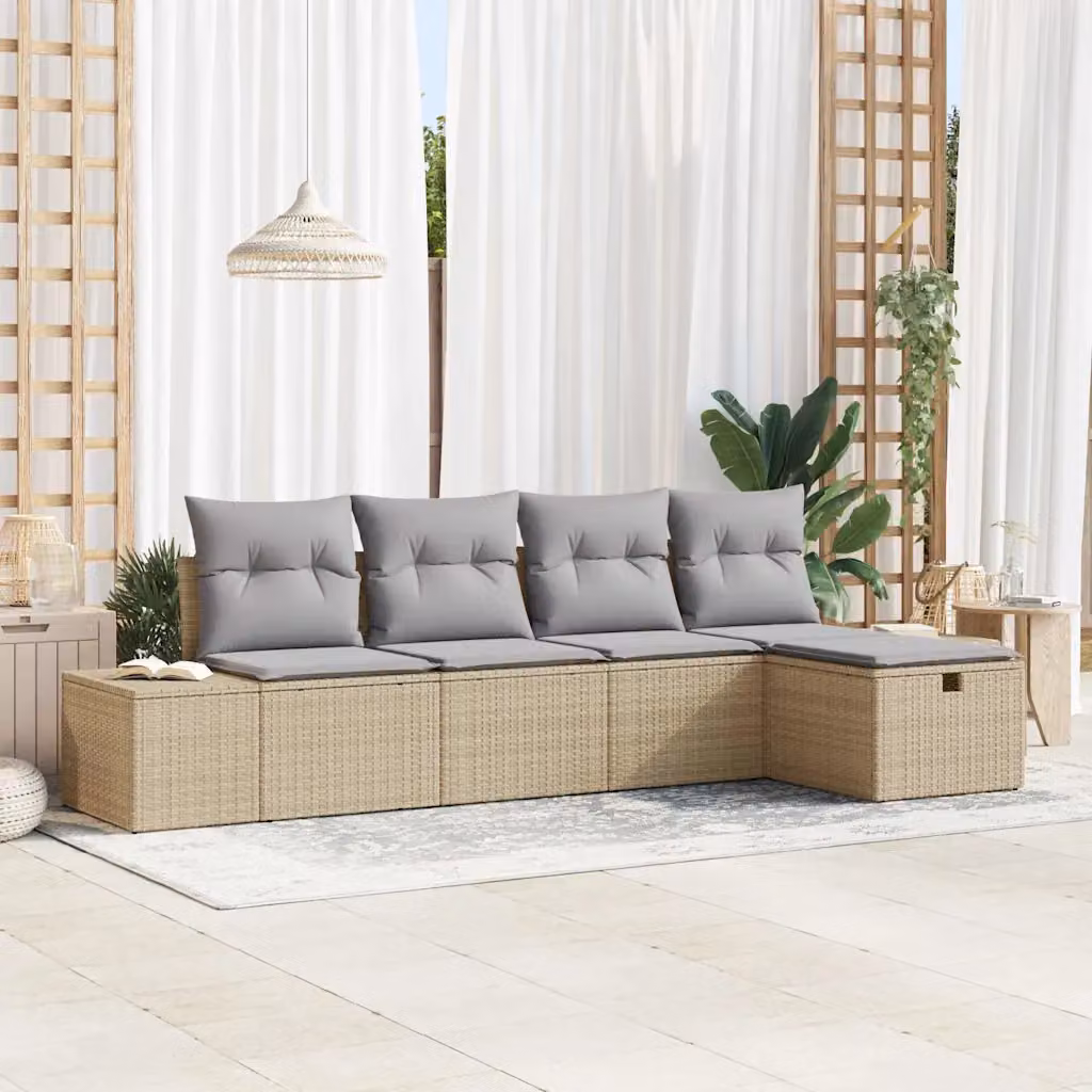 Set Divano da Giardino a L vidaXL in Polyrattan Beige con Cuscini e Pouf 5 Pezzi