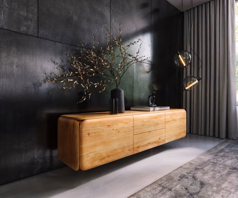 DELIFE Mobile basso Shavani 175 cm in acacia naturale, 2 ante e 2 cassetti, sospeso