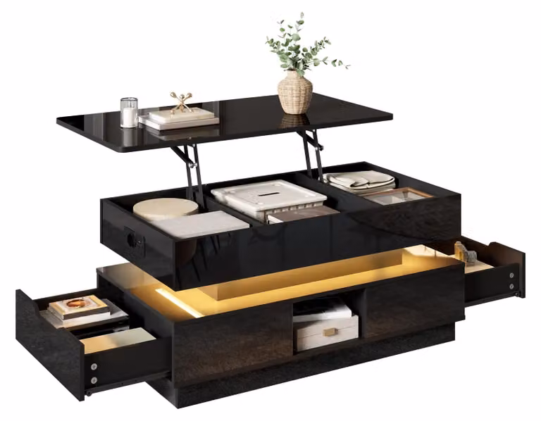 Tavolino Moonbite, finitura lucida, con piano regolabile in altezza da 90 cm, tavolino da soggiorno estendibile, con spazio contenitivo, cassetti e vani a giorno, realizzato in pannello MDF, colore nero
