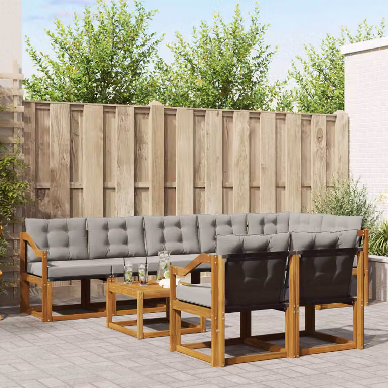 Set di divani da esterno vidaXL 9 pz a forma di L in legno di acacia e tessuto textilene grigio con cuscini e tavolino da caffè