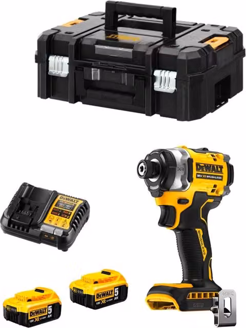 Avvitatore ad impulsi DeWalt DCF860P2 giallo con 2 batterie da 5,0 Ah e caricabatterie DCB1104 in custodia TSTAK II