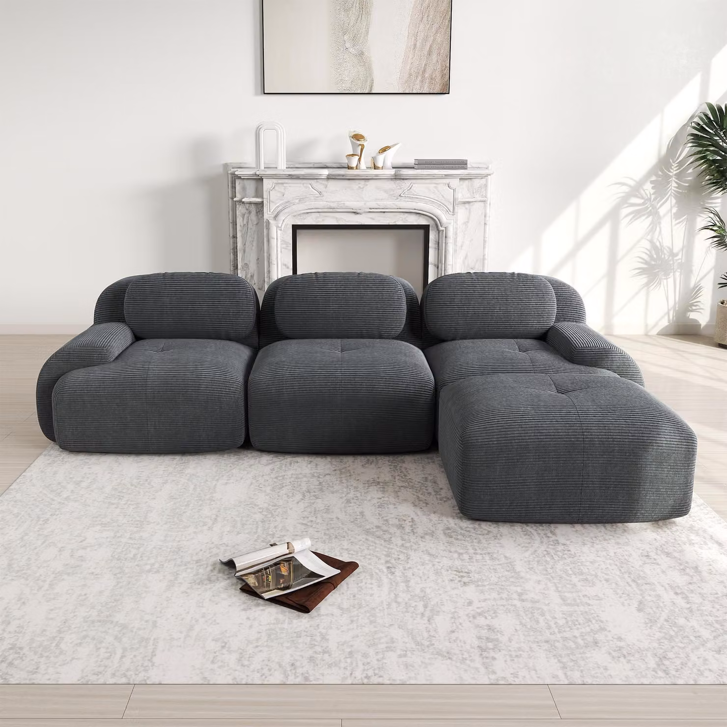 Divano angolare modulare Sweiko senza montaggio, ergonomico e adatto agli animali domestici, in tessuto a coste con braccioli extra larghi, rivestimento altamente elastico 32D per soggiorno e camera da letto, Grigio