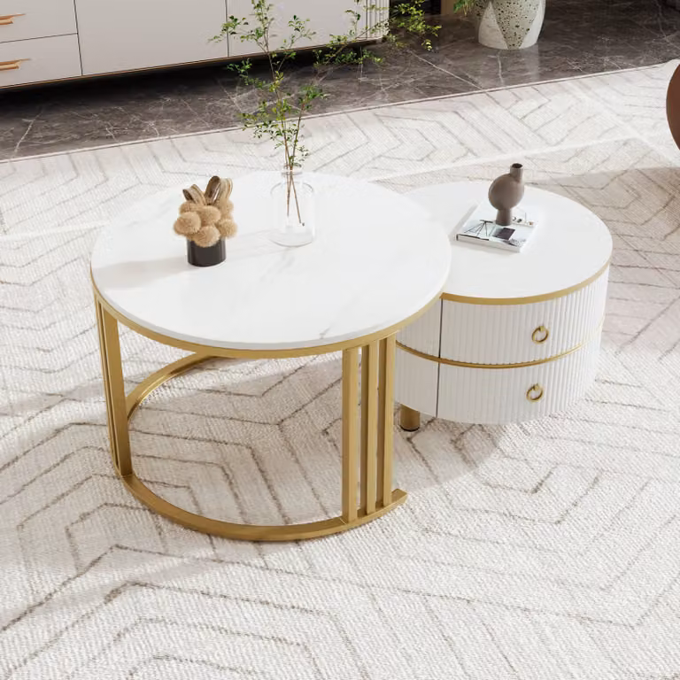 Okwish tavolino 2 in 1, tavolino rotondo in MDF con piano lucido e 1 piano in marmo bianco, tavolino combinato con 2 cassetti - bianco