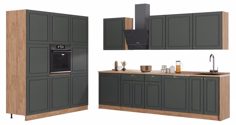 Cucina componibile Vicco Fame-Line Verde-oro rustico/Rovere dorato 460 cm, PL Marmo, Model 63799