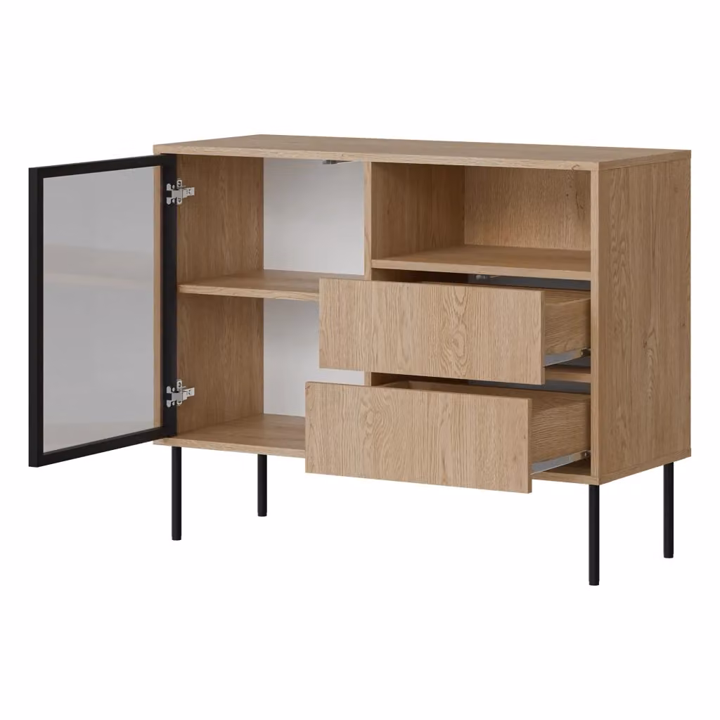 Madia Caravino DMORA in legno e vetro, Credenza moderna con 2 cassetti, Colore Marrone e Beige, L: 100 cm, P: 40 cm, H: 80 cm – 2