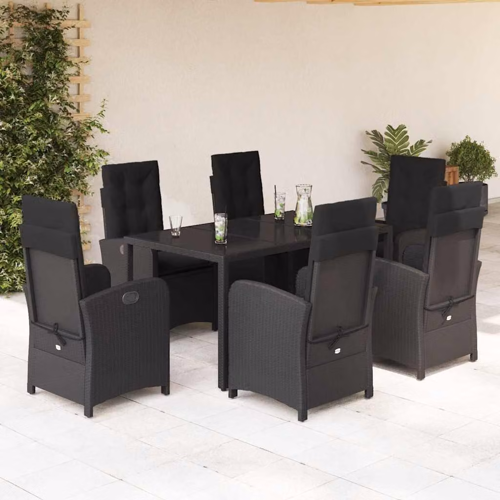Set da Pranzo da Giardino vidaXL 7 pz in Polyrattan Nero con Piano in Vetro – 1