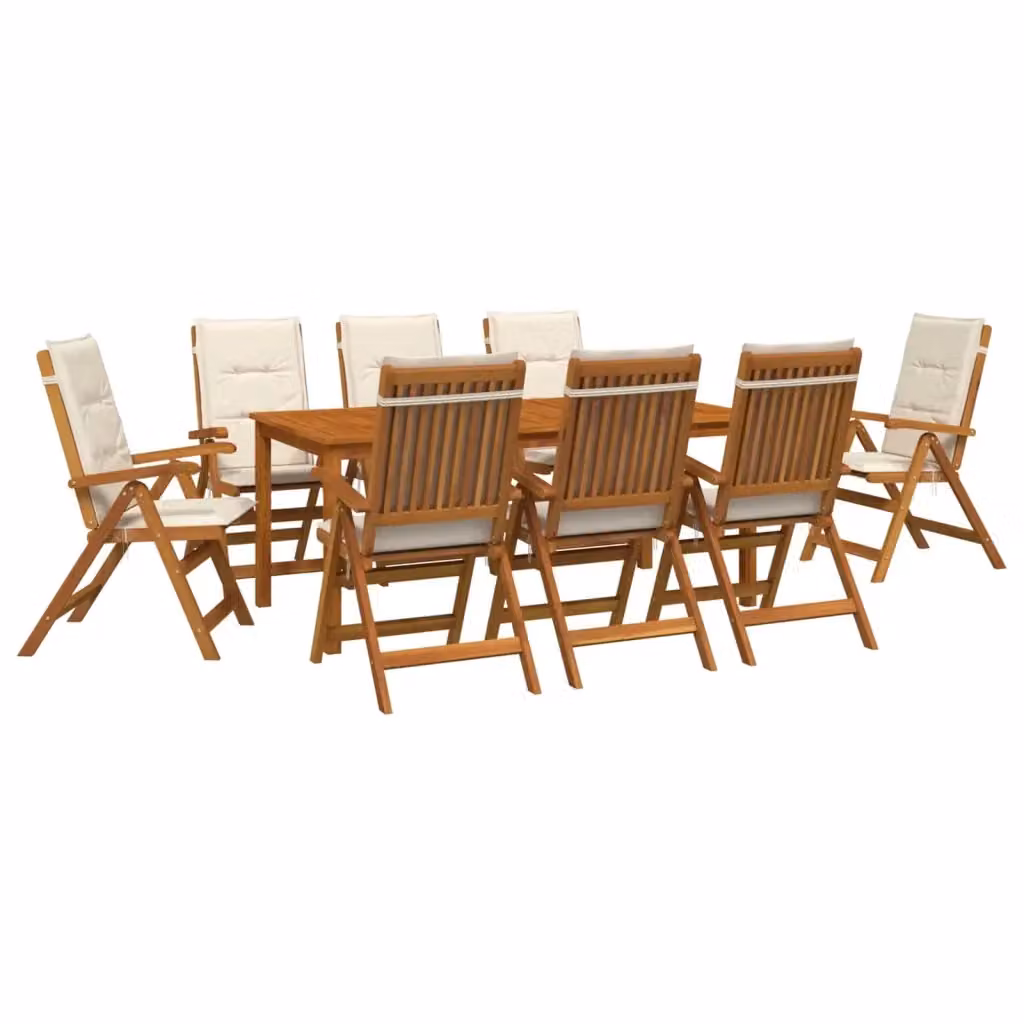 Set da pranzo da giardino vidaXL in legno di acacia con 9 pezzi, tavolo rettangolare e sedie con cuscini beige e marroni – 2