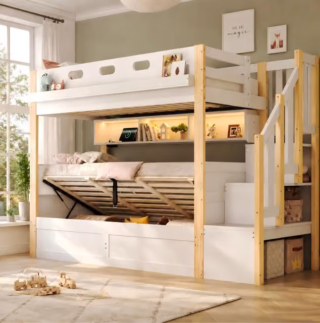 Letto a castello con letto inferiore idraulico, struttura in legno massello, 90x200+90x200 cm, con luce LED, USB e scaletta contenitore, testiera imbottita in PU, bianco e naturale