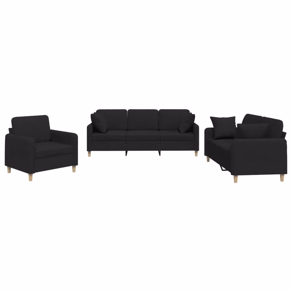 Set di Divani 3 Pezzi vidaXL in Tessuto Nero con Cuscini per Soggiorno Moderno – 2