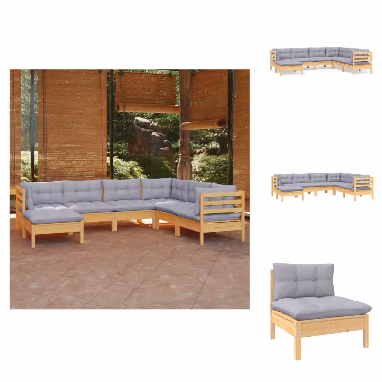 vidaXL Set di 7 pezzi da giardino con cuscini grigi in pino massiccio - Set di mobili da giardino
