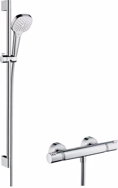Set doccia Hansgrohe Croma Select E in plastica cromata con 3 getti, doccetta, tubo flessibile e supporto