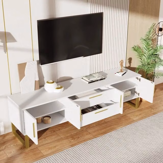 Mobile TV con 4 ante e 2 cassetti centrali in MDF lucido bianco con dettagli dorati 170 × 40 × 53;5 cm