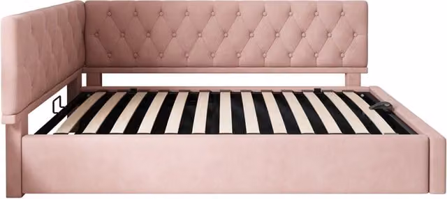 Letto singolo rosa 90x200 cm in velluto con contenitore idraulico e rete a doghe in legno, senza materasso