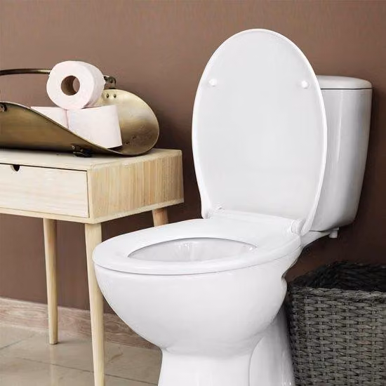 Sedile WC in resina termoplastica, facile da pulire, con meccanismo di chiusura ammortizzata e chiusura rapida