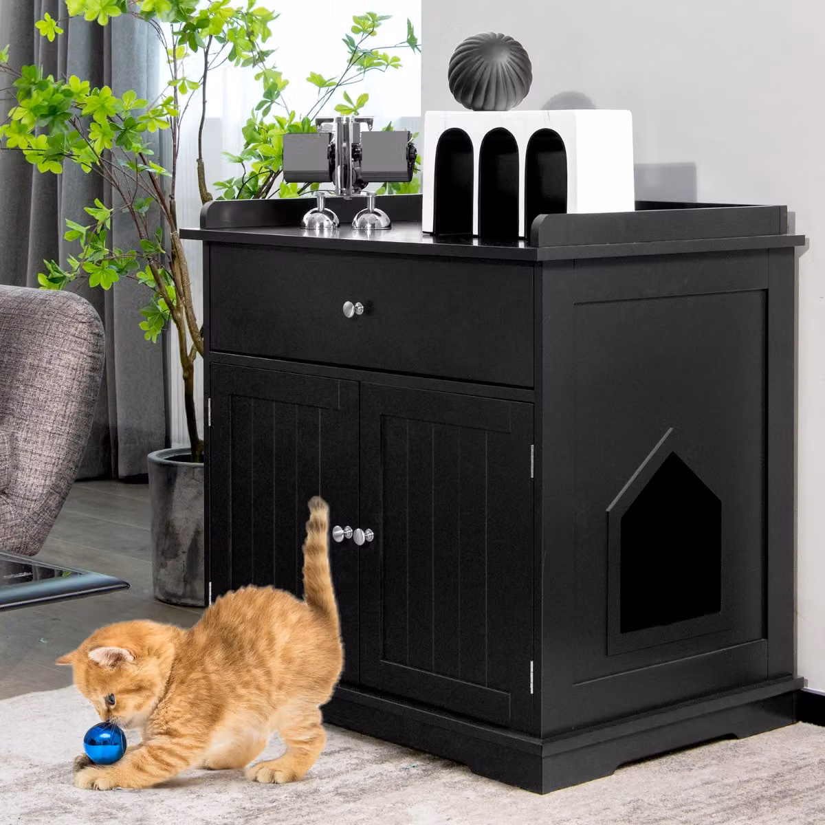 Armadietto moderno per lettiera per gatti Costway con cassetto e 2 porte, Nero
