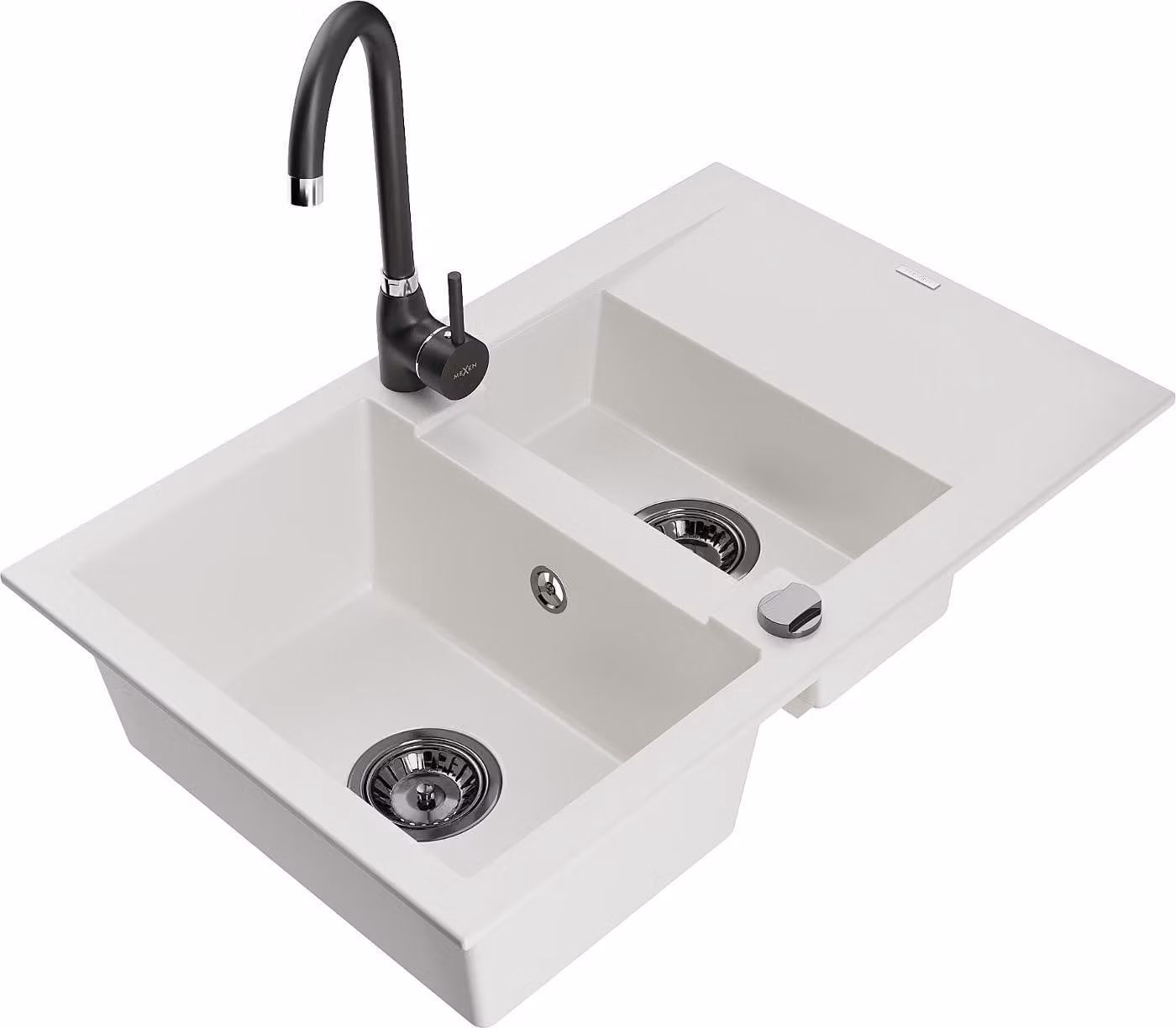 Mexen Gaspar lavello in granito 1,5 vasche con scolapiatti e rubinetto cucina Telma, bianco - 6507-20-670200-70