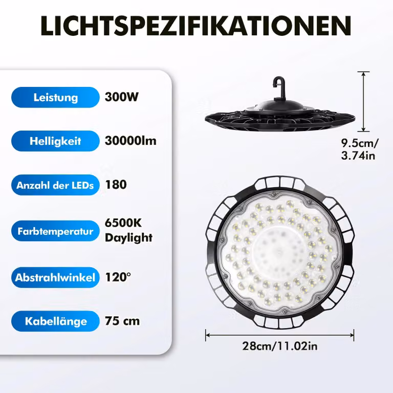 UFO-LED - Lampada industriale a LED - Proiettore per ambienti industriali - 300 W - Confezione da 5 pezzi - Grado di protezione IP65 - Impermeabile - Alimentazione di rete