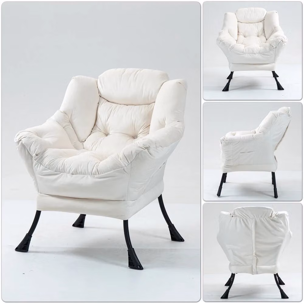 Poltrona Relax MINIMAL in Velluto Bianco con Struttura in Metallo e Tasca Laterale, Stile Moderno – 2