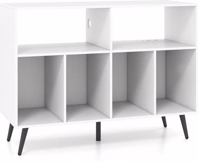 Mobile per giradischi e mensole per vinili DESIGN IN, colore bianco opaco, con scomparti multimediali e pannello posteriore