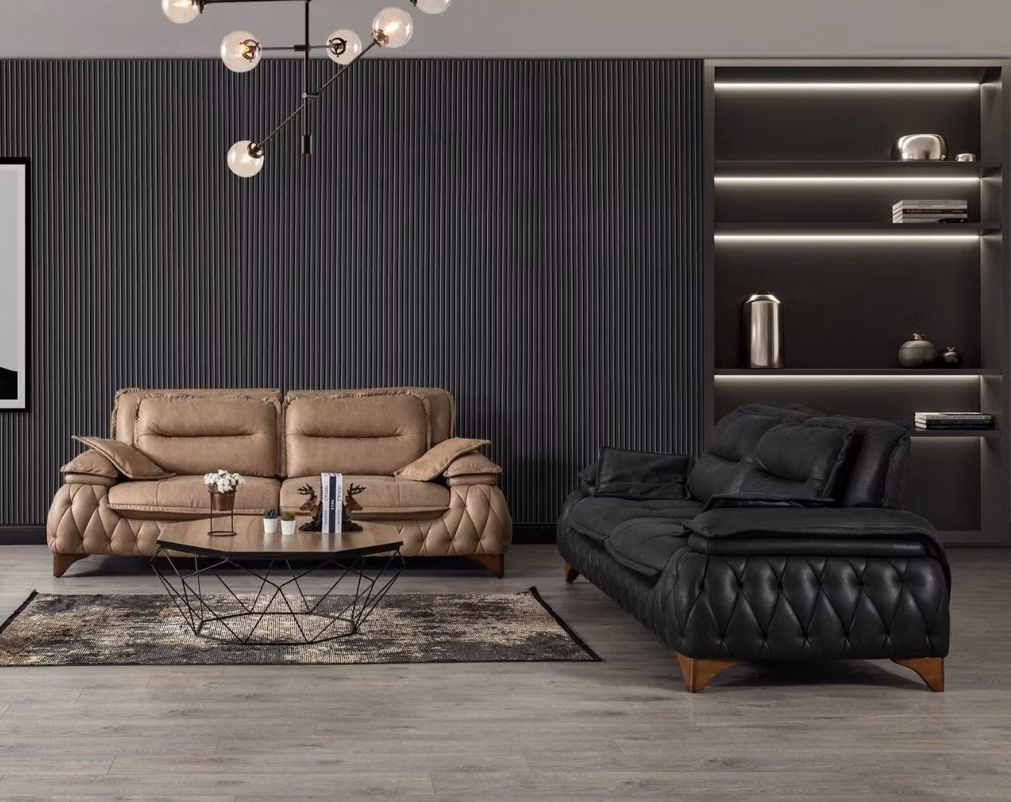 Luxus Sitzgarnitur Polstergarnitur Sitzpolster Lounge Sofa Schwarz Braun 3+3