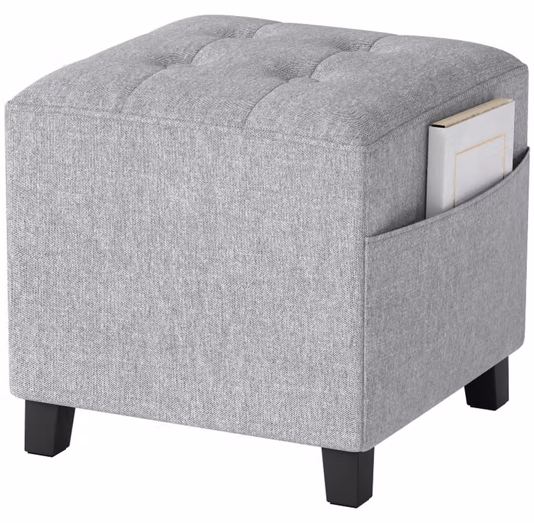 Pouf quadrato, piccolo poggiapiedi con tasca laterale, poggiapiedi in tessuto effetto lino con gambe in legno di gomma, colore grigio chiaro