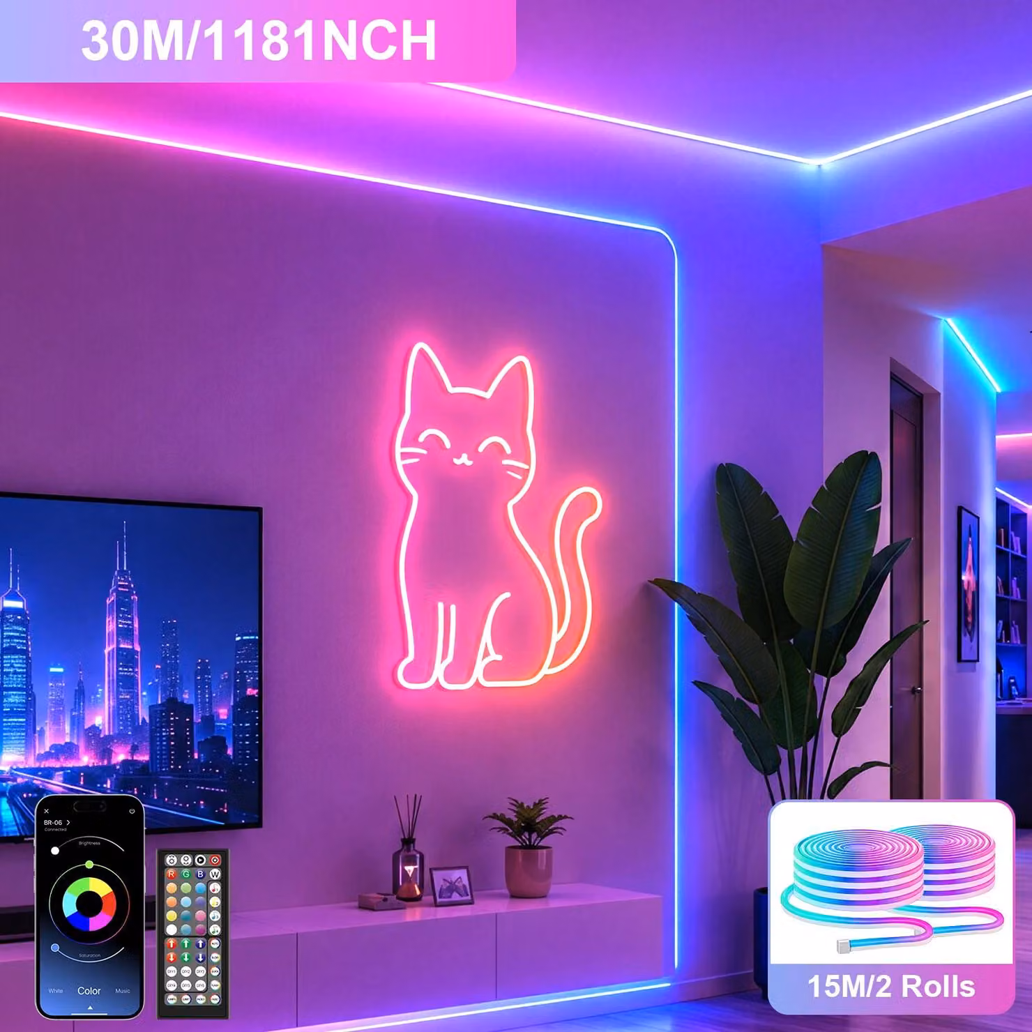 Striscia LED RGB - 30 metri di striscia LED flessibile - Controllo tramite app e telecomando - Sincronizzazione con la musica - Timer - Grado di protezione IP65 (resistente all'acqua)