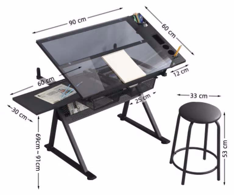 Tavolo da disegno Zimilo nero con sgabello, piano in vetro inclinabile da 0 a 75°, 2 cassetti in metallo, per studio, ufficio e hobby