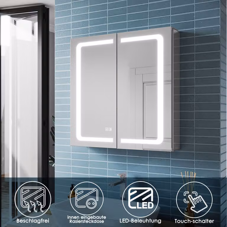SONNI Specchio da bagno in alluminio 65x65cm con illuminazione a LED Senza nebbia Commutazione a sfioramento Presa per rasoio Cerniera senza fili