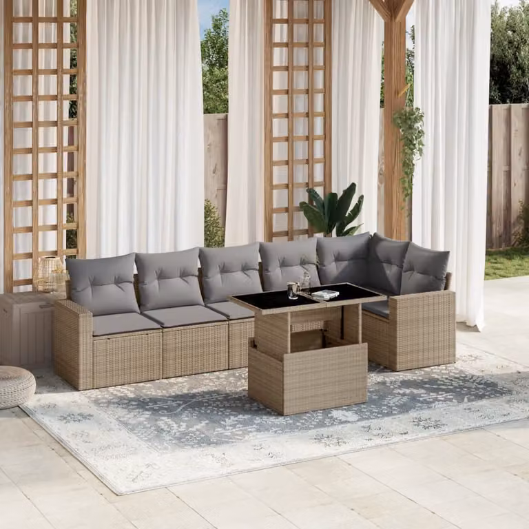 Set di divani da giardino vidaXL in polyrattan beige con cuscini e tavolino da esterno a forma di L