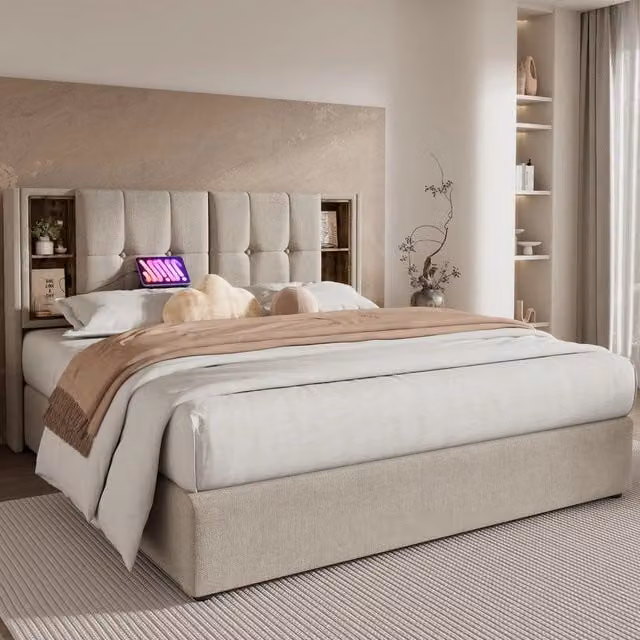 Letto Contenitore Matrimoniale Imbottito con Ricarica USB-C ¨C MINIMAL ¨C 140x200, Rete a Doghe in Legno