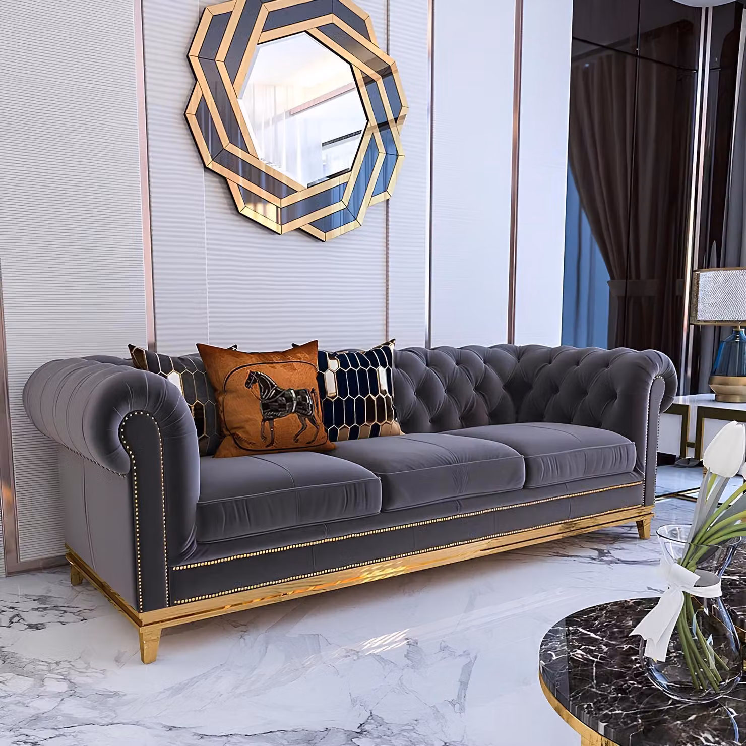 Dreisitzer Couch Polster Design Sofa Grau 3er Sitz Sofas Möbel Chesterfield