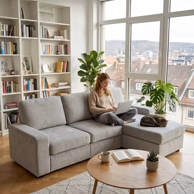 Divano angolare con 4 vani contenitori e chaise longue reversibile in poliestere grigio chiaro 245,5 cm